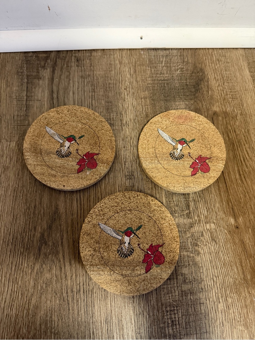 Natural Cork Coaster Set with Hummingbird and Red Flower Accents